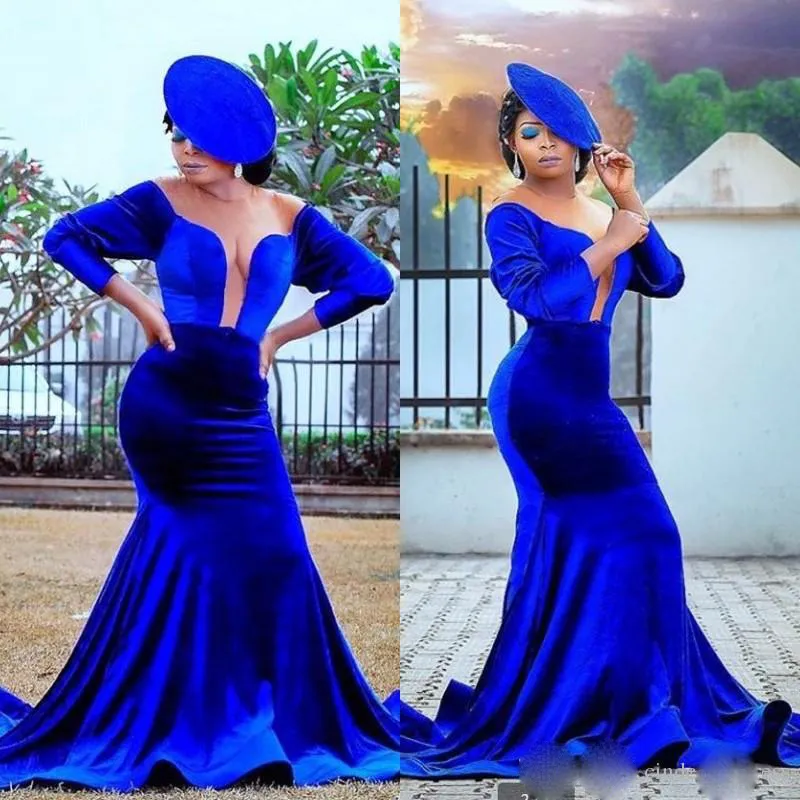 Gorgeous Royal Blue Mermaid Prom Dresses African Keyhole Neck Long Sleeves Evening Party Gowns Vestidos