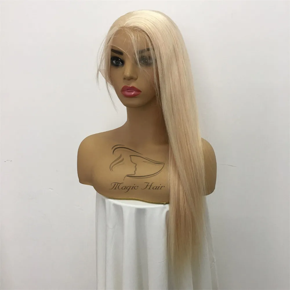 Full Lace Human Hair Wigs Brazilian Light Blonde Human Hair Färg 60 # Straight Tjock Glueless Lace Front Pärlor med Baby Hair