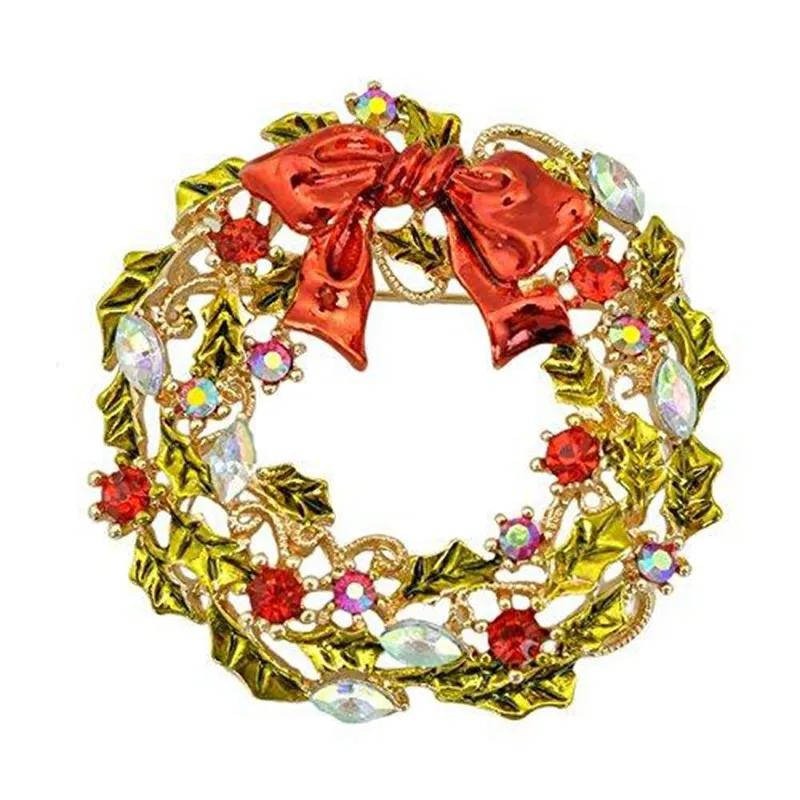 2 Inch Gold Plated Multicolored Enamel Leaf Flower Wreath Brooch with Red Bow Christmas Gift for friends