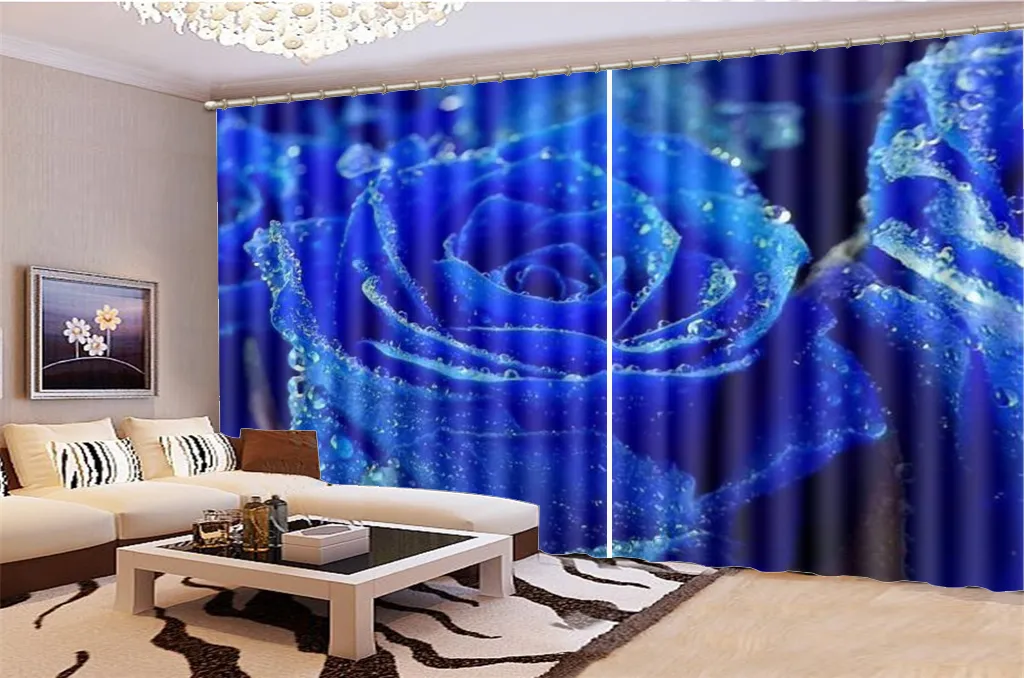 Promozione della finestra della tenda 3d HD Giant Blue Rose Decoration Indoor Soggiorno Camera da letto Finestra della cucina Tenda oscurante