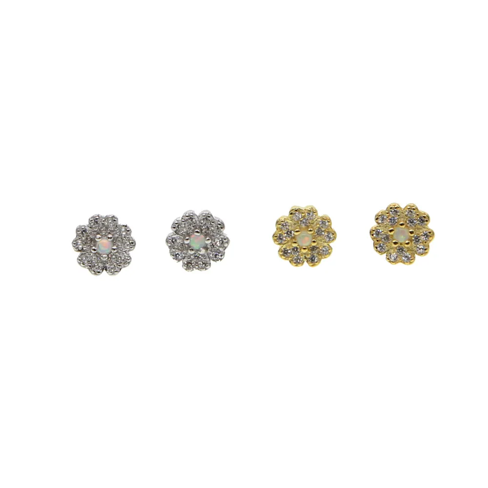 Wholesale- sterling silver beautiful flower stud earring for girl female gift delicate dainty chrysanthemum flower paved cz opal stone stud