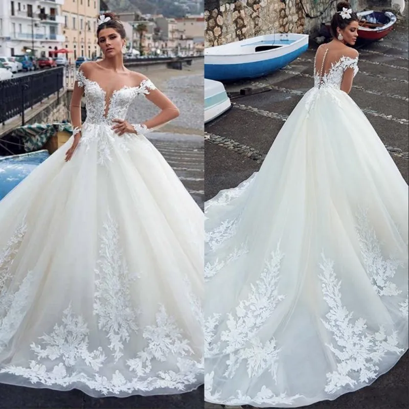 Vintage Arabische lange mouwen off-shoulder trouwjurken kanten applicaties kralen organza grote maten formele bruidsjurken