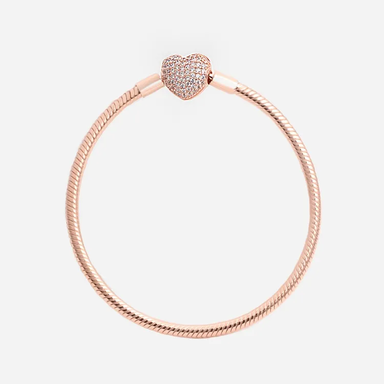Novo conjunto de pulseira de diamante CZ em forma de coração de luxo 100% prata esterlina banhado a ouro rosa para Pandora Snake Bracele