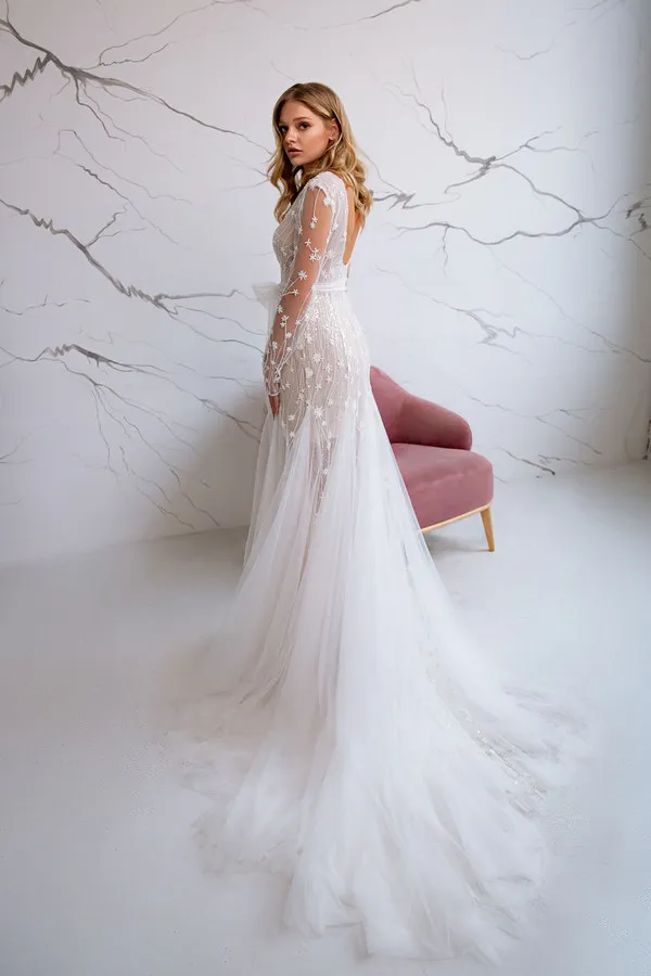 Eva Lendel Mermaid Wedding Dress Long Sleeve Illusion Bodice Lace Bling Bridal Gown Vestidos De Novia Eva Lendel Mermaid Wedding Dress Long Sleeve Illusion Bodice Lace Bling Bridal Gown Vestidos De Novia