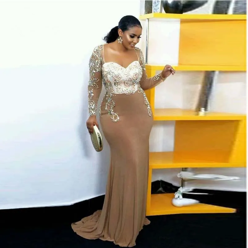 Elegant African Sheer Long Sleeves Satin Mermaid Evening Dresses Scoop Neck Beaded Crystals Plus Size Prom Mother Gowns Robe De So2629