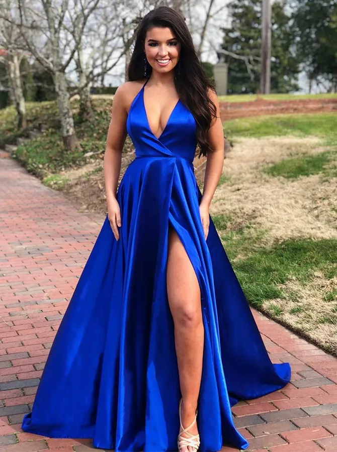 Blue halter prom best sale dress