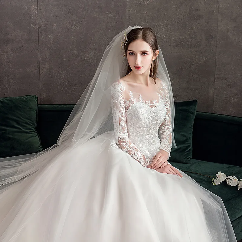 Neue Romantische Süße Elegante Prinzessin Luxus Spitze Hochzeit Kleid 100 cm Lange Ärmel Applikationen Promi Ballkleid vestido De Noiva