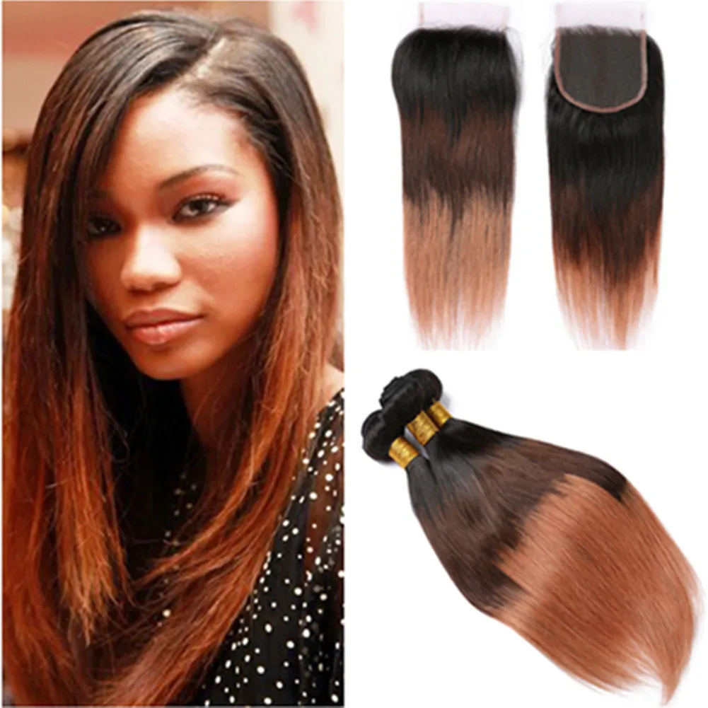 # 1B 4 30 Ombre capelli umani Fasci e chiusura 3 Tone estensioni dei capelli castano dorato Ombre brasiliani tessono Bundles capelli umani con chiusura