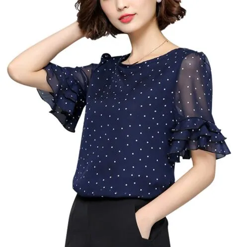 Mulheres blusas verão manga curta chiffon blusa camisa de bolinhas mulheres camisas mais tamanho roupa senhoras tops