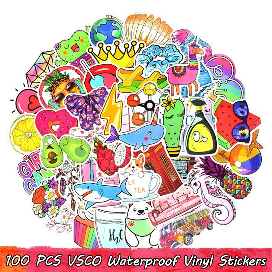 VSCO Lot de 100 autocollants imperméables en vinyle pour enfants filles à faire soi-même pour ordinateur portable, bouteille d'eau, bagages, scrapbooking, vélo, voiture, guitare, décoration d'intérieur