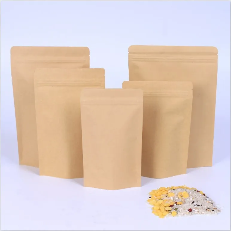 1000 unids Cremallera Marrón Bolsa de aluminización Kraft Bolsa Stand up papel kraft papel de aluminio Resellable Zip Lock Grip sello Grado alimenticio al por mayor