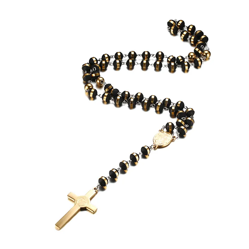 Unisex Crystal Rosary Necklace - Gold Plated Black Cross Prayer Beads Y-Shape Religious Jewelry