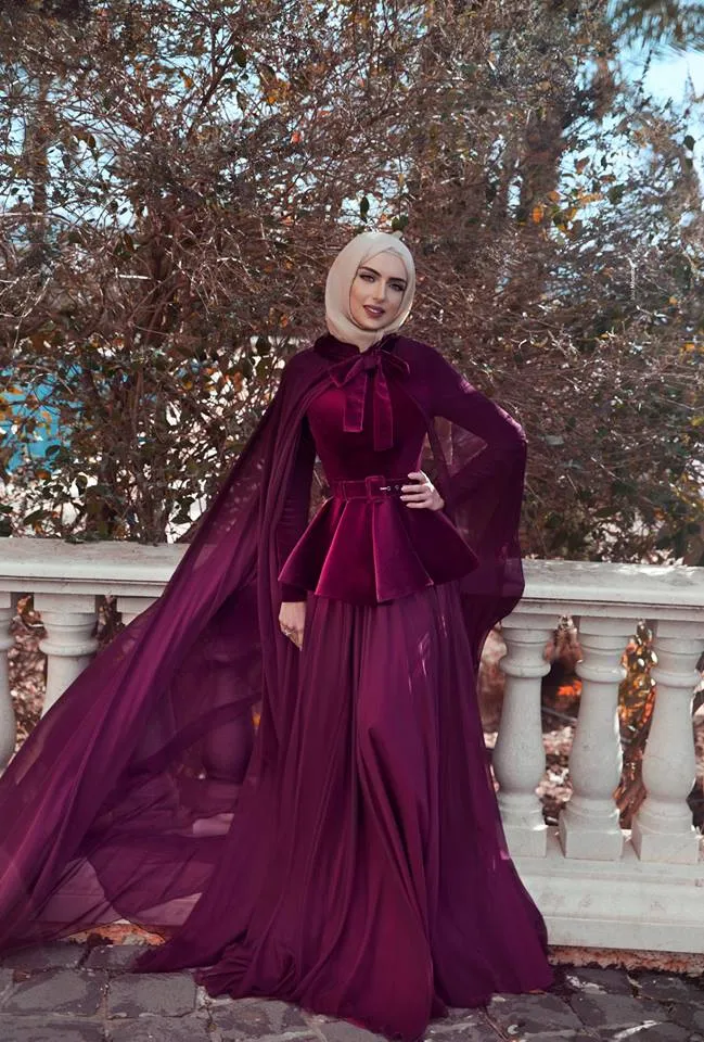 Affordable Muslim Mermaid islamic prom dresses with Velvet Cape, Long Sleeves, and Chiffon Skirt - Perfect for Evening Parties and Evening Events