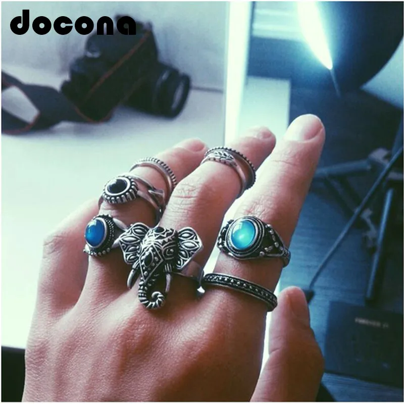 Docona New Hot Bohemian Slephants pierścień 10pcs Stone retro boho pierścienie liście oczy te same rodzaje