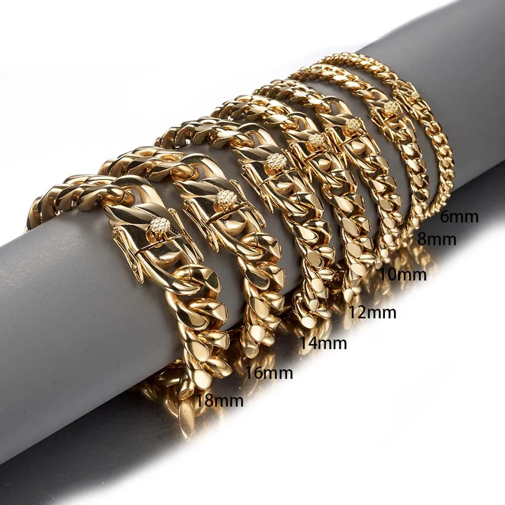 Gold Color Stainless Steel Miami Curb Cuban Link Chain Bracelet Bangle 7-11 Inches Customized Length For Men 8/10/12/14/16/18mm