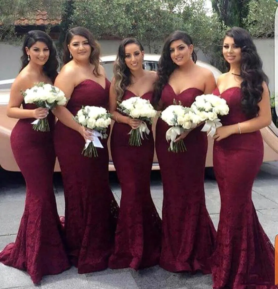 Affordable Burgundy Lace Mermaid Bridesmaid Dress Sweetheart Neckline Long Wedding Guest Gown for Prom Party