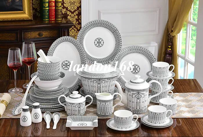 Keramik-Geschirr-Sets, Porzellan-Schüssel, Teller, Suppenschüssel, Bone China, Western-Geschirr-Sets, schwarze Linie, Kaffee-Sets, Geschenk