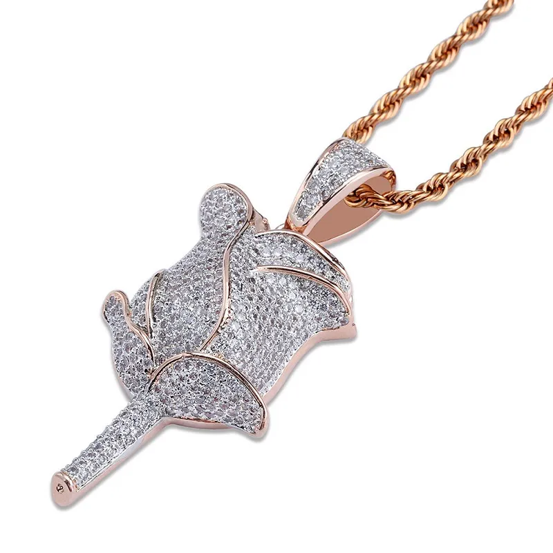Fashion-Hip Hop Iced Out Gold Pendant Necklace Rose Flower Pendant Necklace Fashion Necklace Jewelry