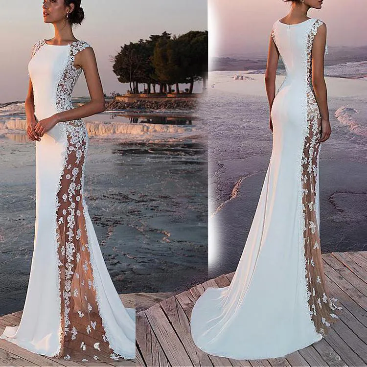 Summer White Bohemian Beach Mermaid Wedding Dresses 2023 Lace Satin Jewel Lapel Bridal Gowns Sweep Train Length Mermaid Dress