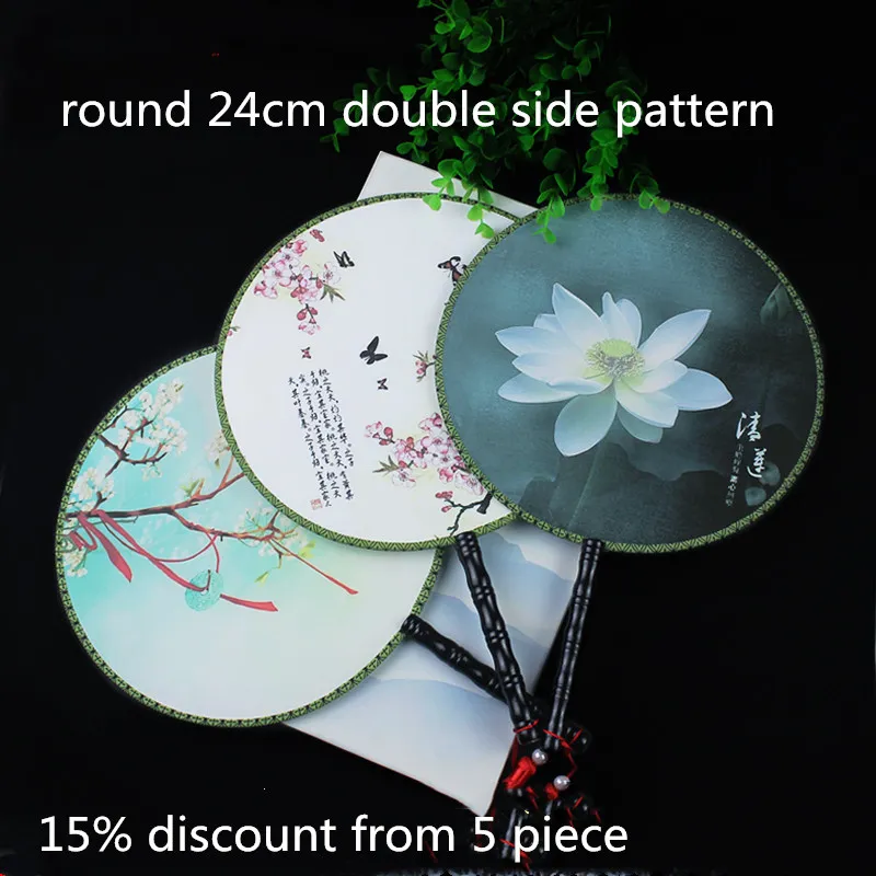 Dubbelsidig mönster Stor rund Dekorativ Handfläktar Kinesisk Traditionell Dans Silk Fan Vintage Kostym Prop Hantera Fläkt