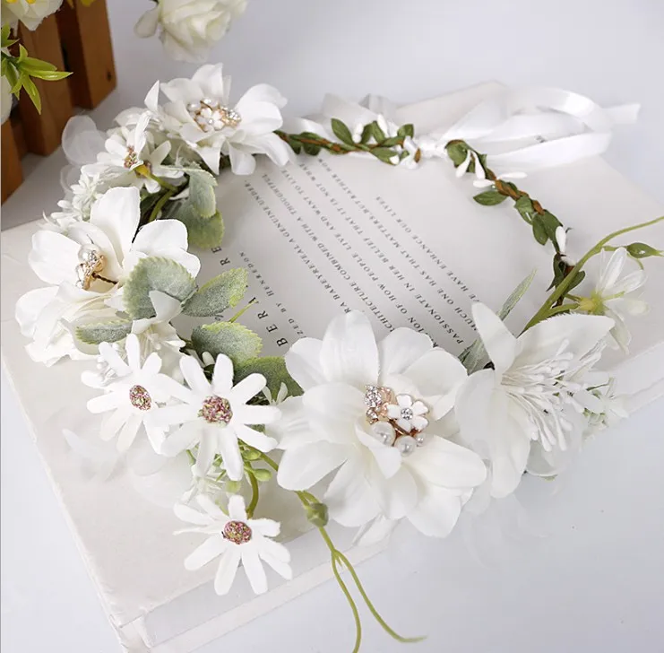 Neue große Mädchen Blume Perle Krone Girlande Stereo Simulation Blumen Rattan Weben Brautschmuck Kinder Prinzessin Zubehör C6245