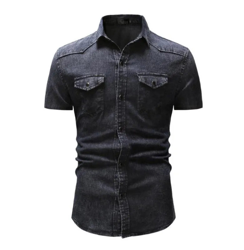 Мужские джинсовые рубашки с коротким рукавом, модная повседневная рубашка с лацканами, мужская деловая рубашка Tops286F