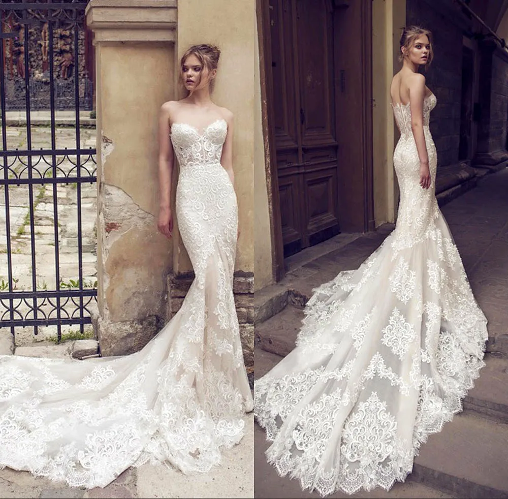 Graceful Lace Mermaid Wedding Dresses Sweetheart Neck Appliqued Trumpet  Bridal Gowns Sweep Train Tulle Plus Size Vestido De Novia