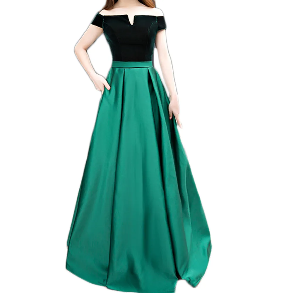 Boat Neck Velvet Satin A-Line Long Formal Dresses Emerald Green Elegant Evening Dresses Abiti Da Cerimonia Da Sera