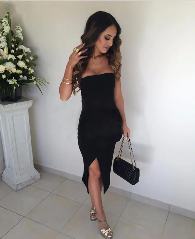 Afrykańska bez ramiączek Długość Koktajl Suknie Z Wysokim Split Black Prom Party Suknie Backless Arabic Girl Formalne Suknie Homecoming M36