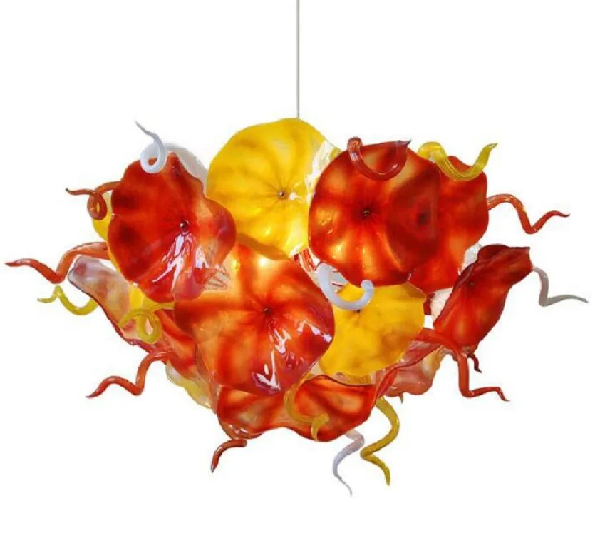 モダンな花プレートシャンデリア照明オレンジイエローデザイン手ブローガラスチェーンLEDライトフィクスチャのシャンデリア