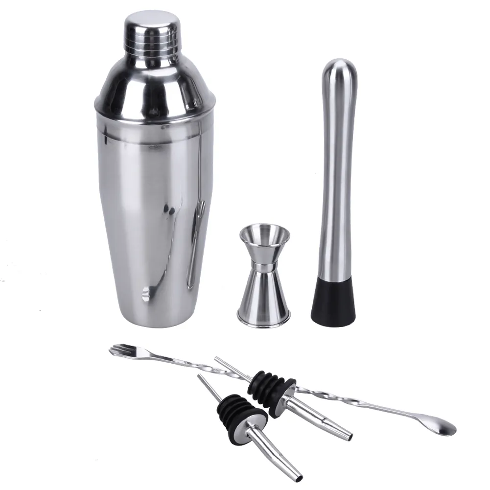 6pcs 750ml Stainless Steel Cocktail Shaker Mixer Bartender Double End Jigger Strainer Ice Tong Mixing Spoon Measure Cup Bar Tool C19041701