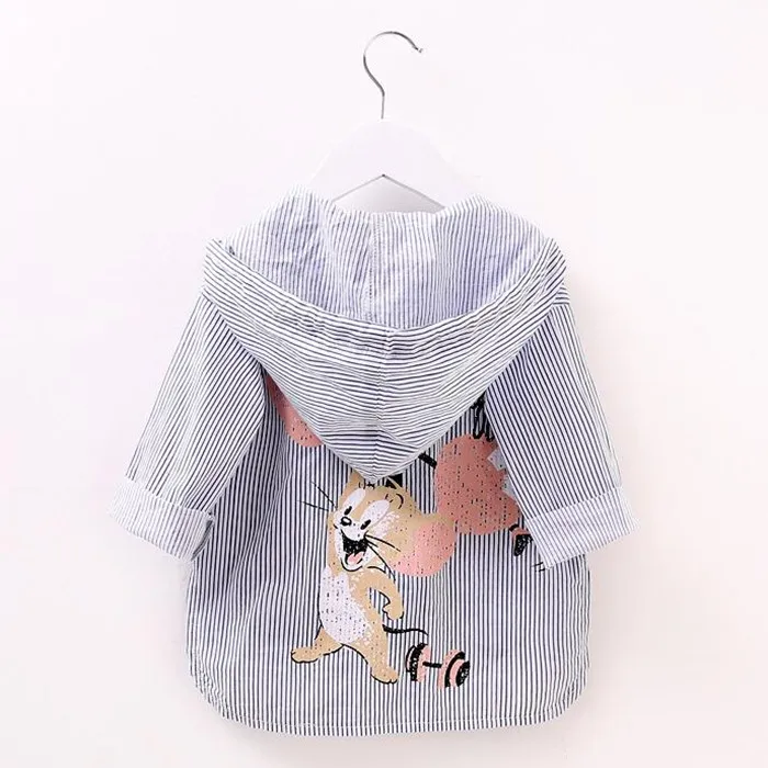 새로운 제품 스트립 만화 동물 태양 보호 자켓 여름 아기 셔츠 여자 후드 어린이 방수 윈드 브레이커 키즈 의류