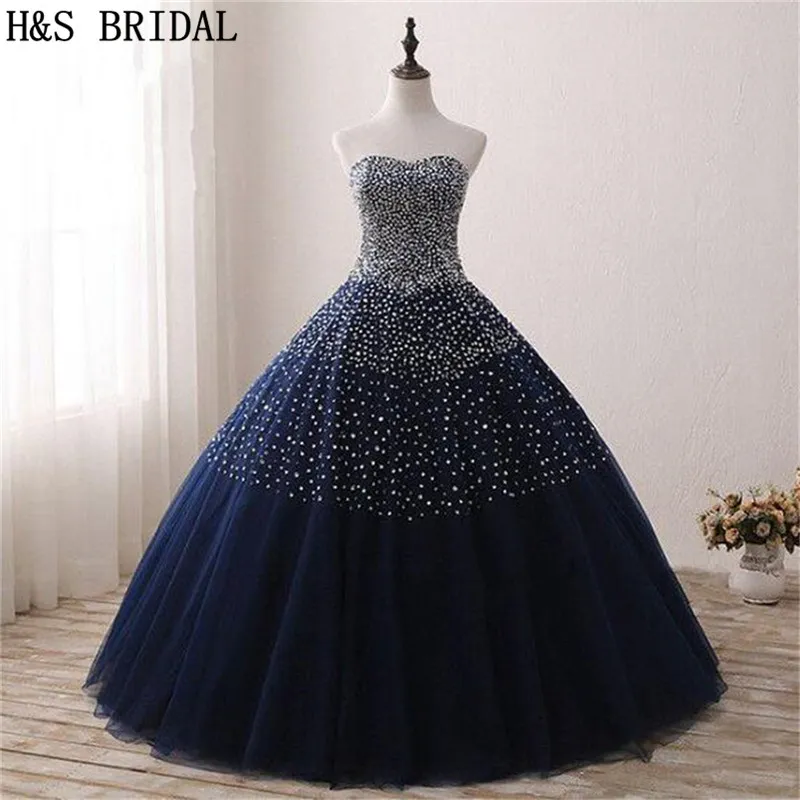 Navy Blue Tulle Ball Gown Prom Dress With Beaded Sequins For 2024