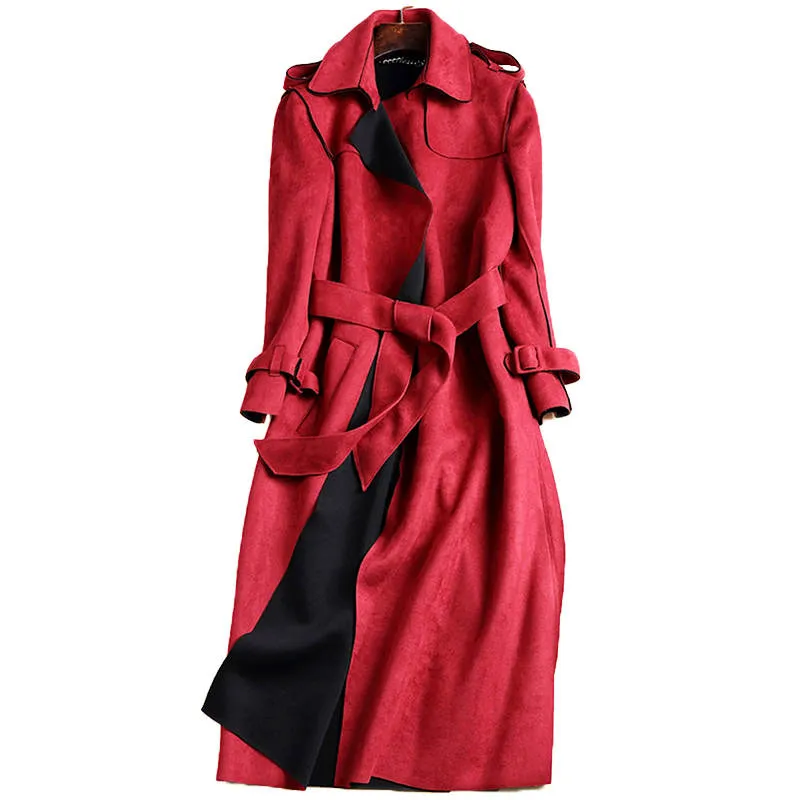 2019 herbst Neue Elegante Rote Wildleder Graben Mantel Frauen Mode Damen Büro Windjacke Mit Gürtel Langen Mantel Frauen Oberbekleidung C3487