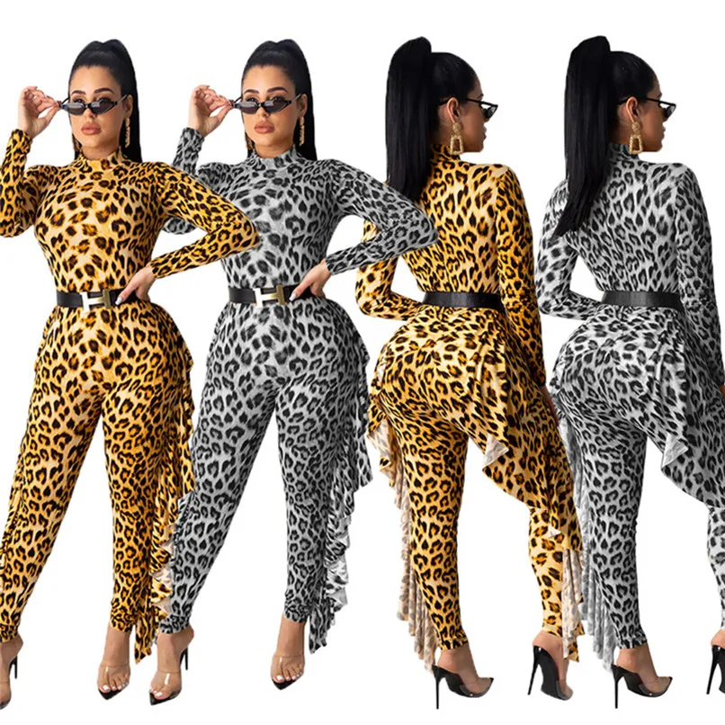 Dames Leopard Print Jumpsuit Ruffle Rompertjes Lange Mouw Bodysuit Bodycon One Stuk Broek Herfst Winter Kleding Casual Slanke Overalls 2003