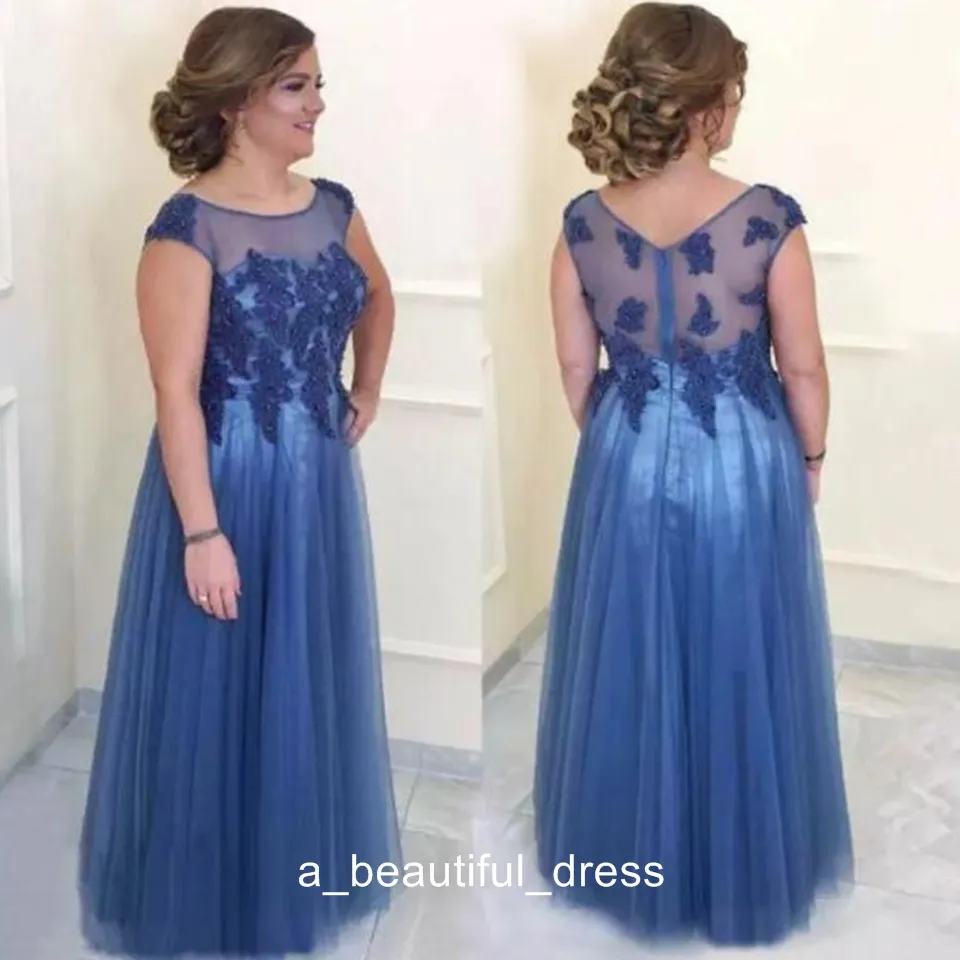 Plus Size Mother Of The Bride Dress Guest Wear Blue Illusion Tulle Long Prom Dress Appliques Beads Formal Evening Dresses Gowns ED1326