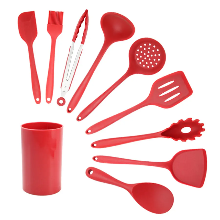 10pcs / set Silicone Ustensile De Cuisine Cuillère Soupe Louche Spatule Turner Fourchette Pinces Résistant À La Chaleur Cuisine Outils Accessoires KDJK1911