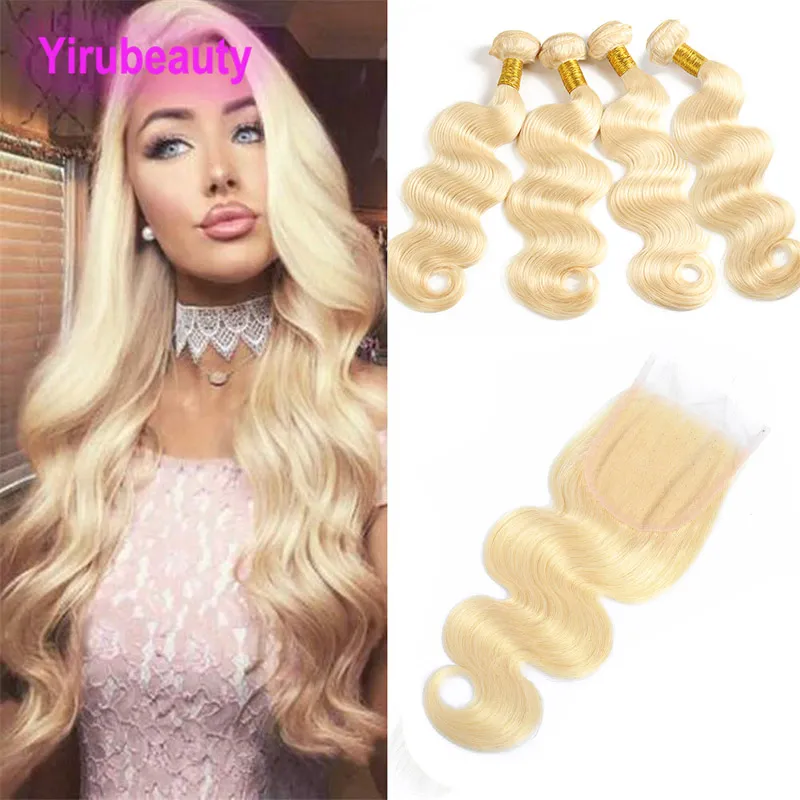 Capelli vergini brasiliani 613 # biondi 4 fasci con una chiusura in pizzo 4X4 con estensioni dei capelli del bambino trame dell'onda del corpo con chiusure Yirubeauty