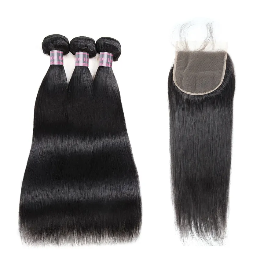 Ishow Long Human Hair Bundles 8-38 inch With 5x5 Lace Closure Straight Peruvian Virgin Extensions for Women Natural Black