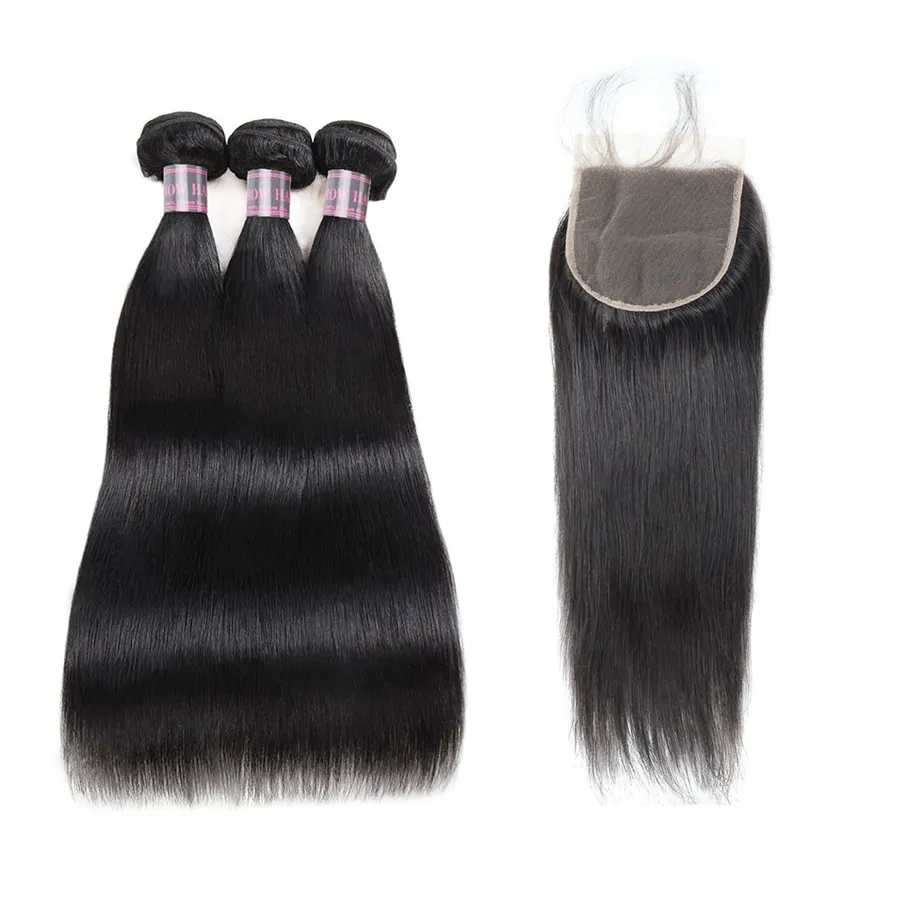 Ishow Lang Menselijk Haar Bundels 8-38 inch Met 5x5 Vetersluiting Rechte Peruaanse Virgin Extensions voor Vrouwen Natuurlijke Zwart