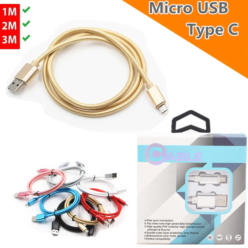 Mikro / Tip C USB Kabloları 2/3 M 6/10 Feet Veri Sync Şarj 2.1A Telefon Şarj Samsung S9 S8 S5 Note8 / HTC / LG ile Kutusu Paket