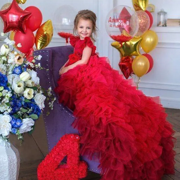 2020 Kırmızı Pageant Elbiseler Jewel Boyun Ruffles Katmanlı Etekler Prenses Çocuklar Örgün Giyim Çiçek Kısa Kollu Parti Doğum Günü Abiye