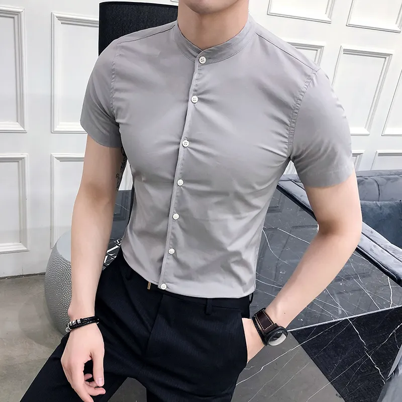 Camicia da uomo in puro cotone 2019 Collo alla coreana Camicia a maniche lunghe classica Camicia da uomo Slim Fit Abito da lavoro camisa masculina Top