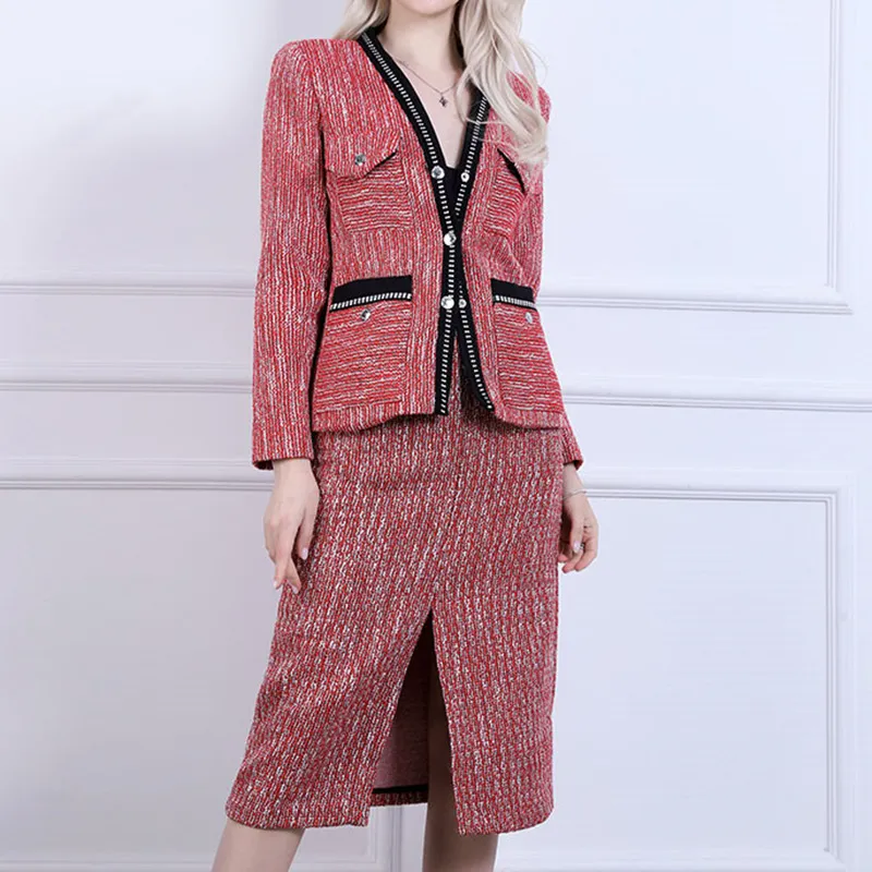 2020 Runway Rode Vrouwen Plaid Tweed Jas Herfst Winter Zakken V Neck Single Breasted Tweed Jas Rode Korte Coat Crop Overjas Bovenkleding