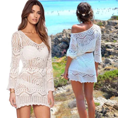 Casual Dress for Womans Summer Lady Knee Length Long Sleeve Hollow Out Girls Beach Wed Dress Simple White Party Bohemian Frmale Dress Skirt
