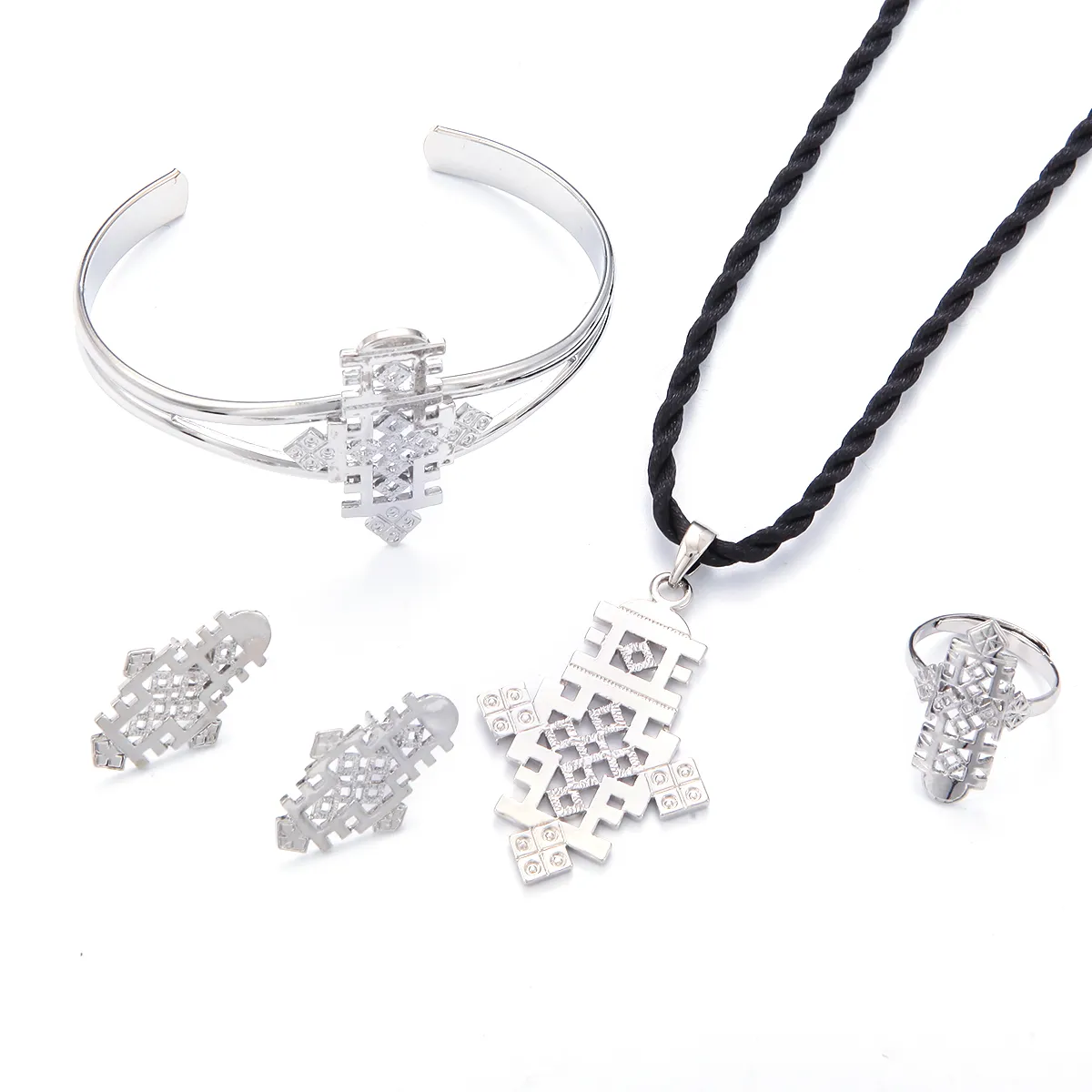 Bright Silver Color Ethiopian Cross Pendant Necklaces Bangle and Earrings for Women African Religious Jewelry Set