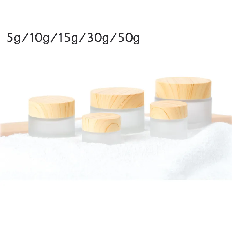 5/10/15/30/50g Frosted Glass Jar Skin Care Eye Cream Jars Pot Refillable Bottle Cosmetic Container With Wood Grain Lid