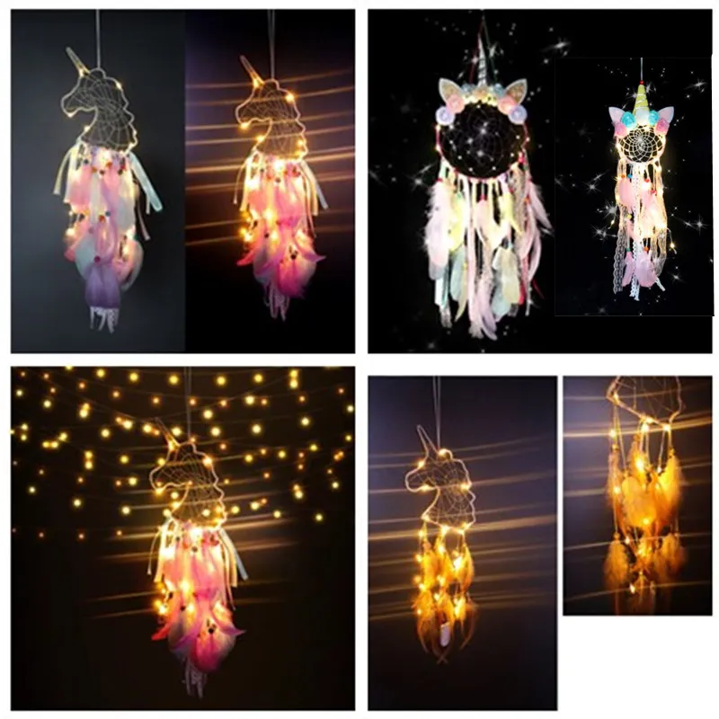 Carillons éoliens LED licorne attrape-rêves fait à la main, pendentif en plumes, attrape-rêves créatif suspendu, artisanat, cadeau de vœux, décoration de la maison