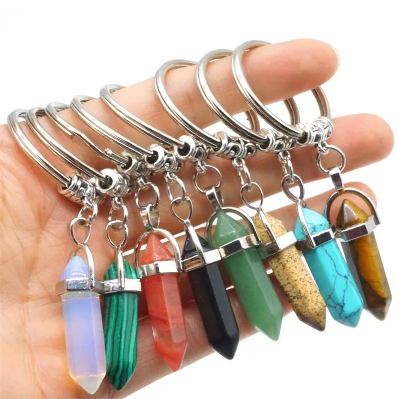 Fashion Hexagon Prism Key Rings Natural Stone Pendant Keychain Natural Quartz Stones Pink Crystal Keychains MKI Accessories