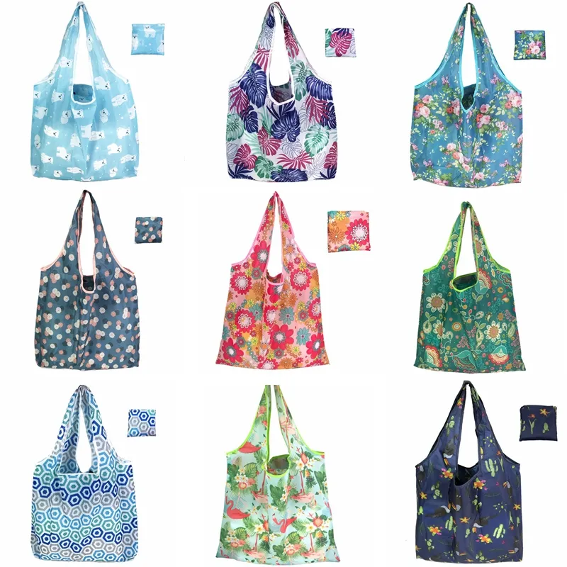 Large Foldable Shopping Bag Polyester Printted Reusable ECO Friendly Shoulder Bag Folding Pouch Storage Bags HHA635